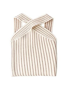 Cream Ribbed Cross-Front Tank Top with Brown Pinstripes